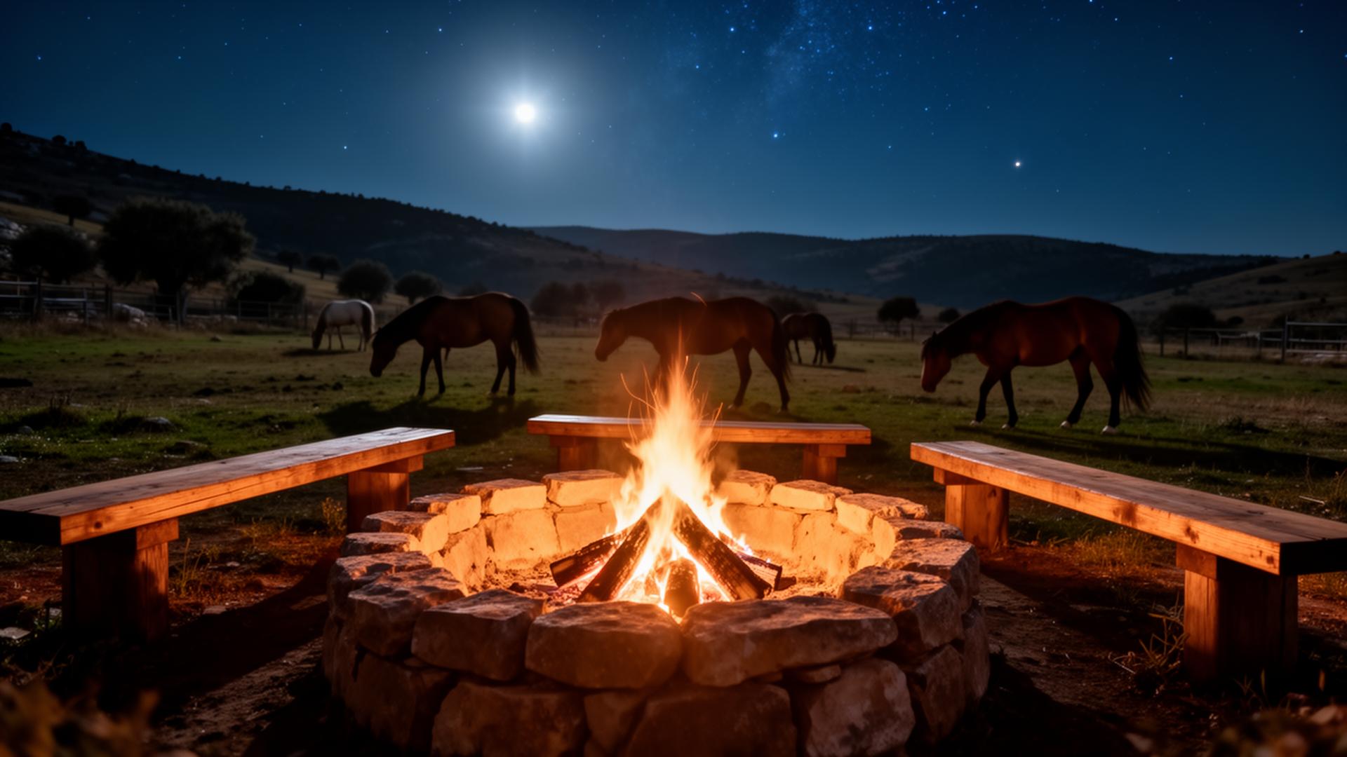 Open fire pit with horses grazing at the ranch under starlight